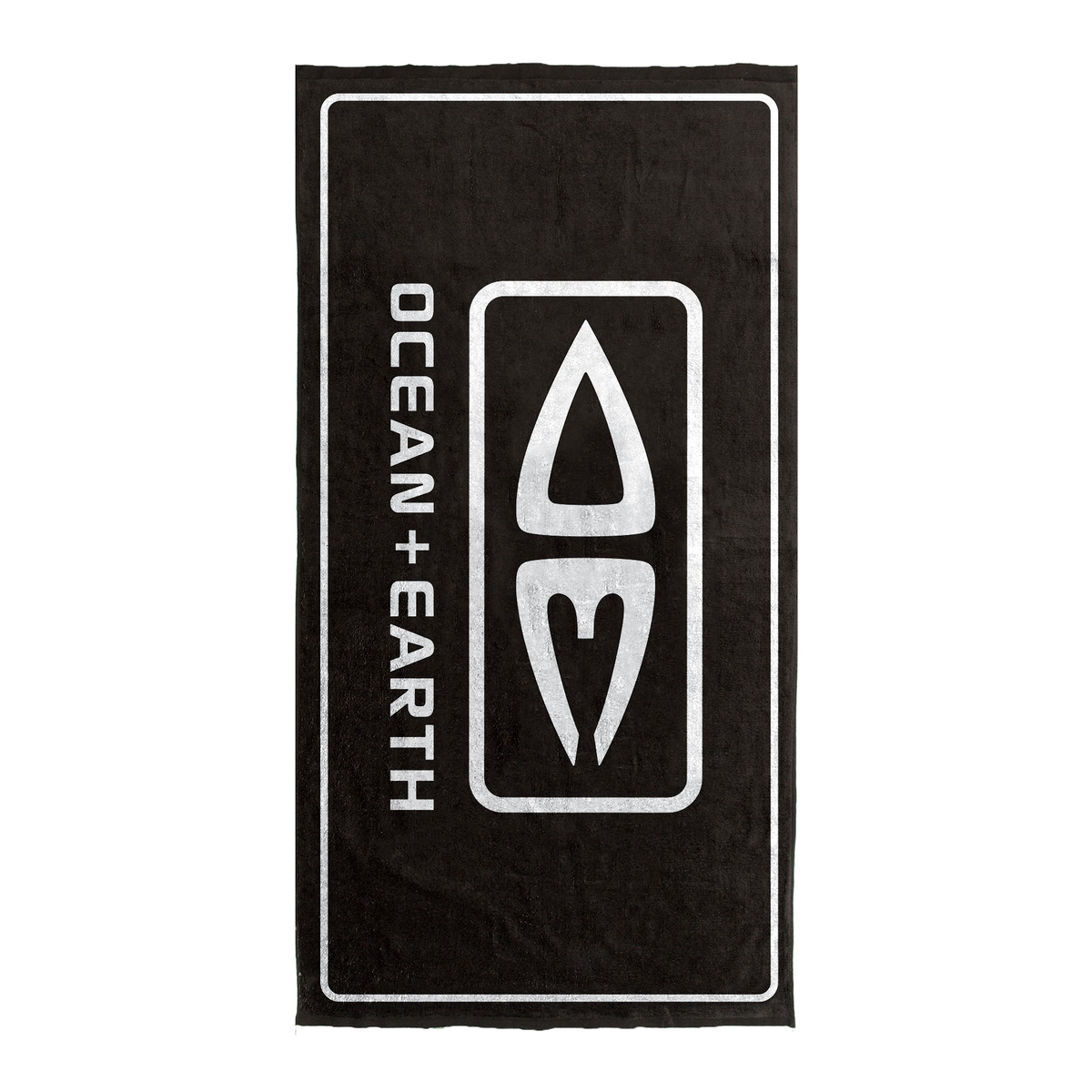 Ocean & Earth Priority Beach Towel: Black logo towel laid flat vertically