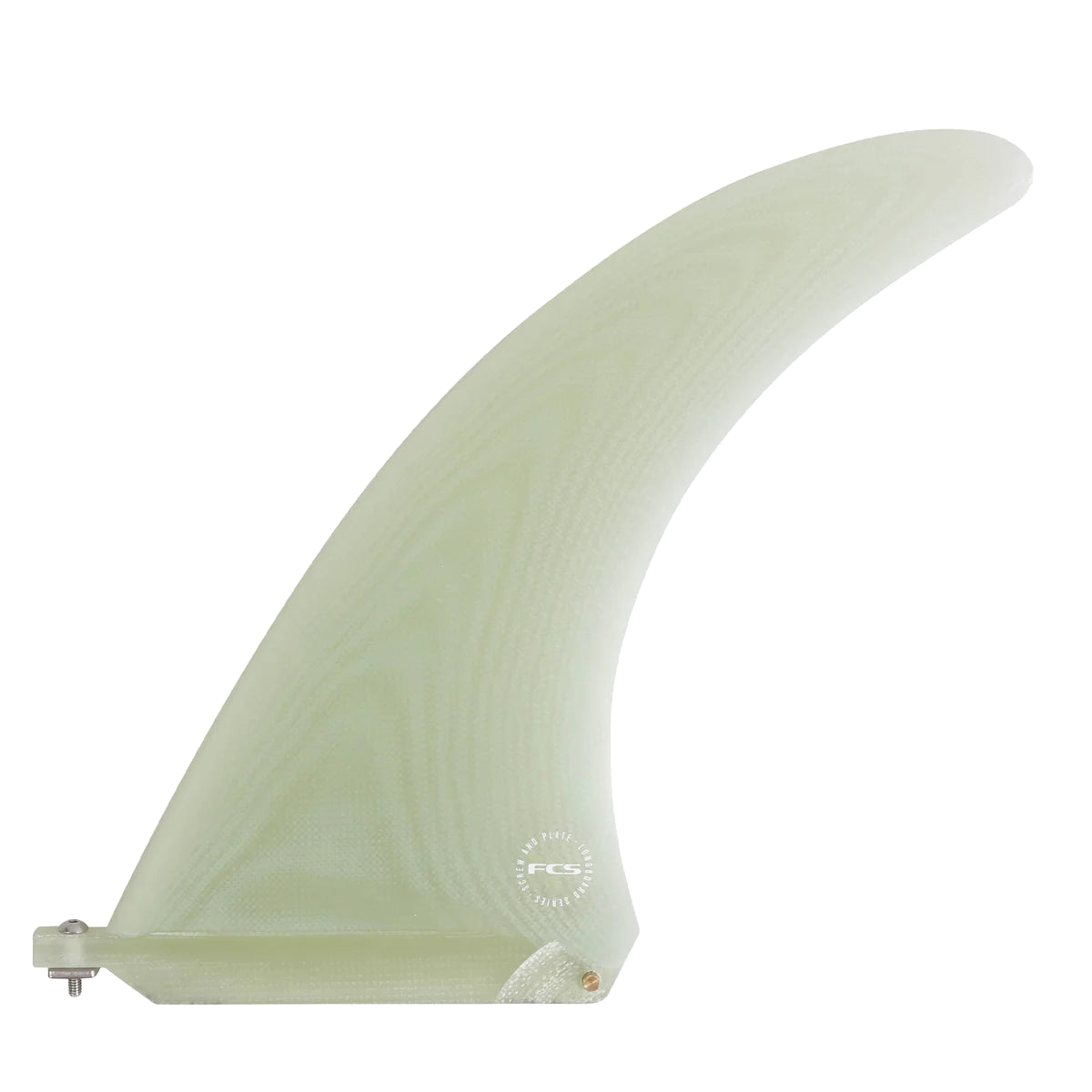 Clear Clique longboard fin showing the screw and plate fastening at its base