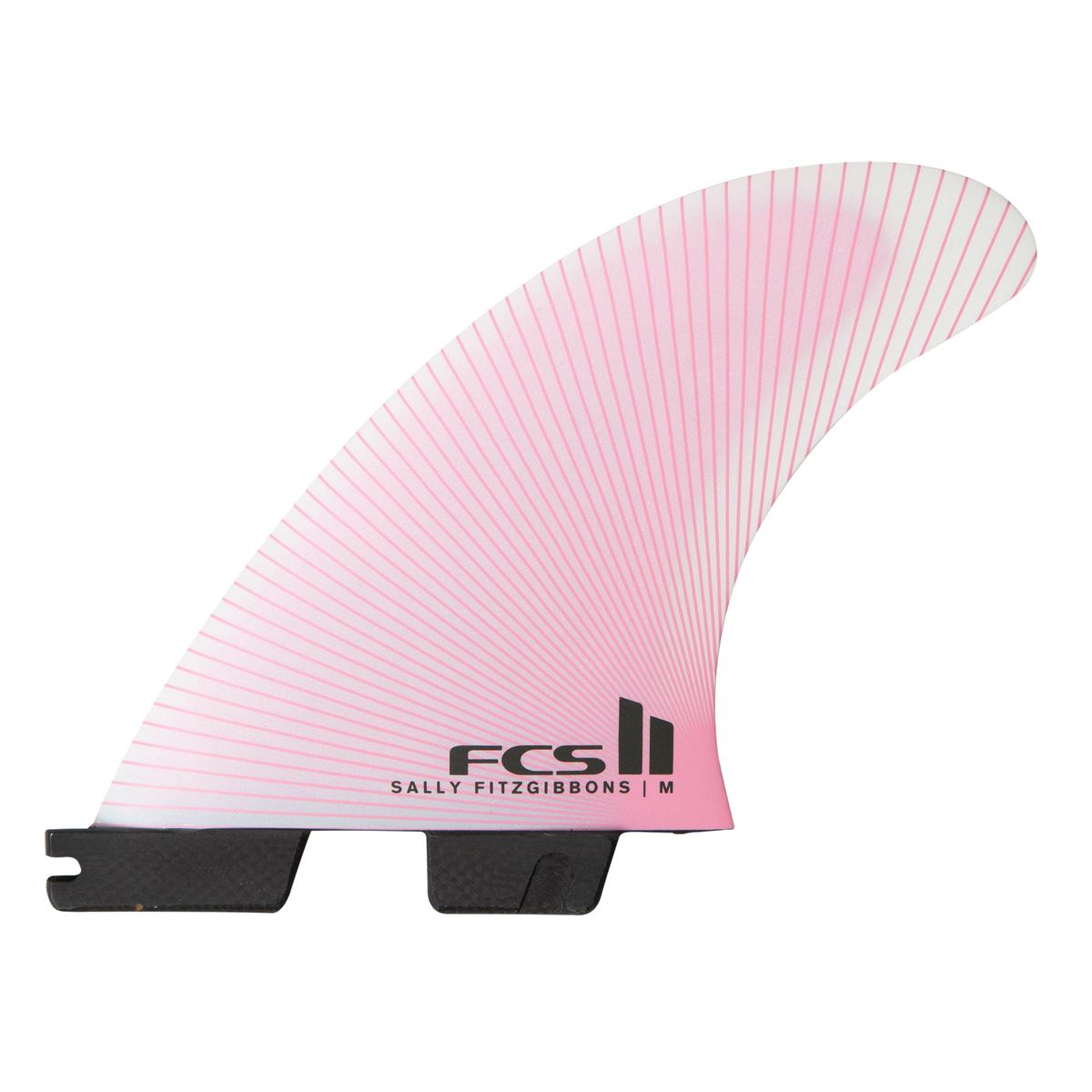 FCS II Sally Fitzgibbons Tri Fins - Performance Core: dusty Pink fin with fine radial lines and black FCS lettering