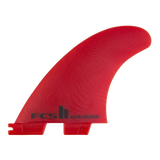 FCS II Accelerator Tri Fins - Eco Neo Glass: red fin with black Accelerator logo near the base