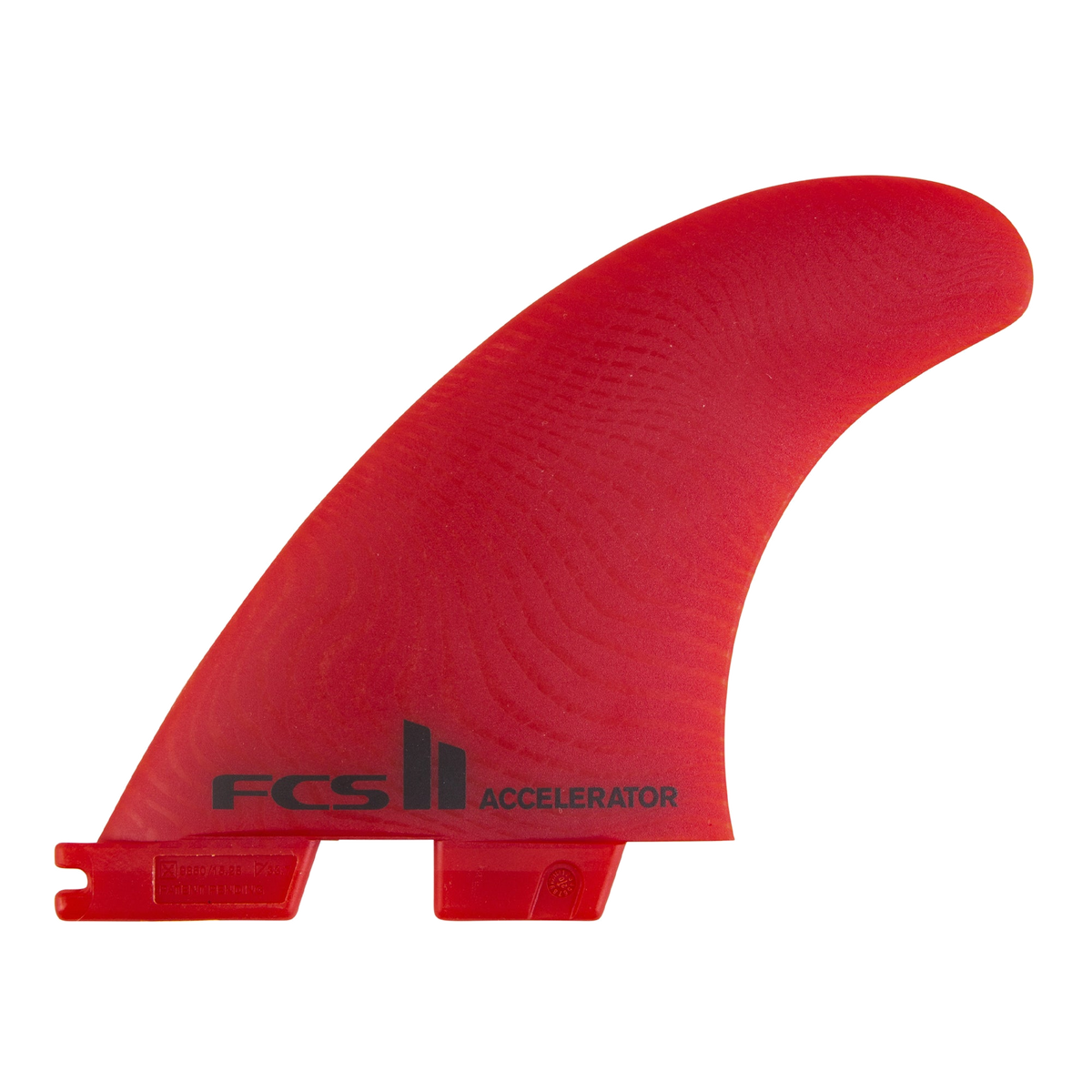 FCS II Accelerator Tri Fins - Eco Neo Glass: red fin with black Accelerator logo near the base