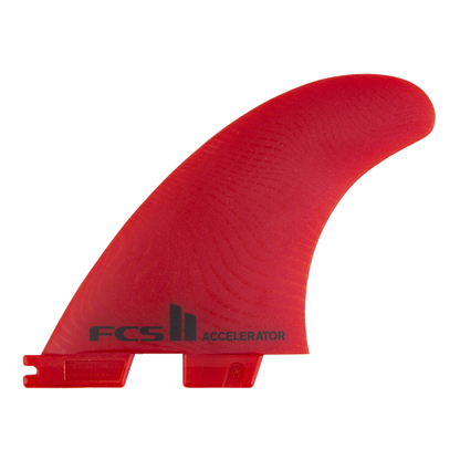 FCS II Accelerator Tri Fins - Eco Neo Glass: red fin with black Accelerator logo near the base
