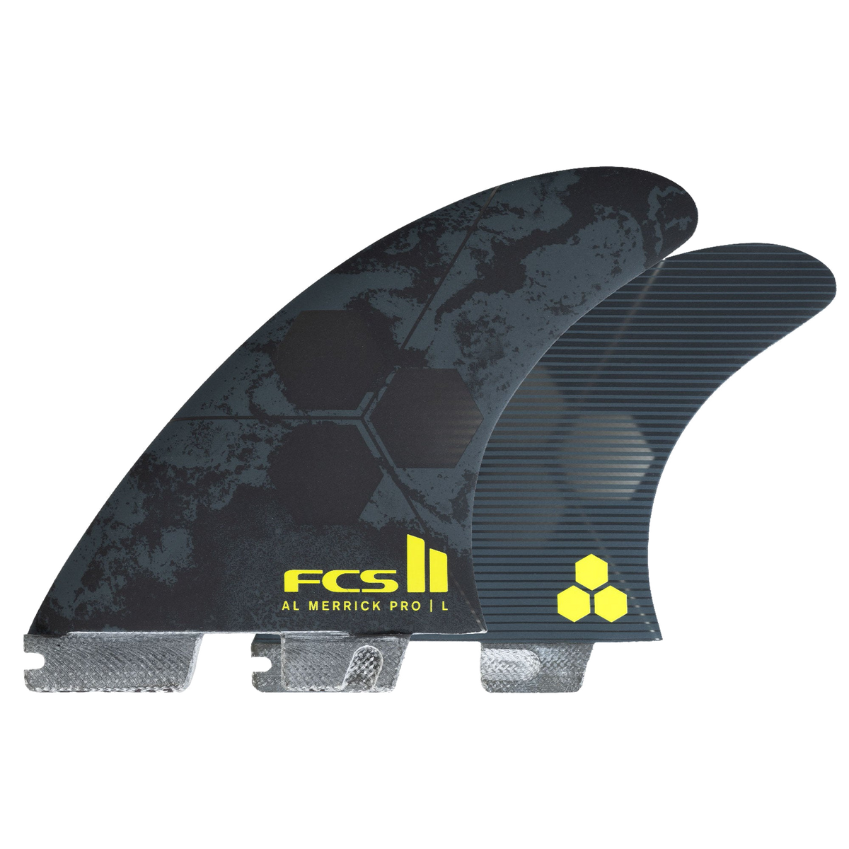 FCS II Al Merrick PG Pro Tri Fin Set - Performance Glass: three Al Merrick PG Pro fins displayed together