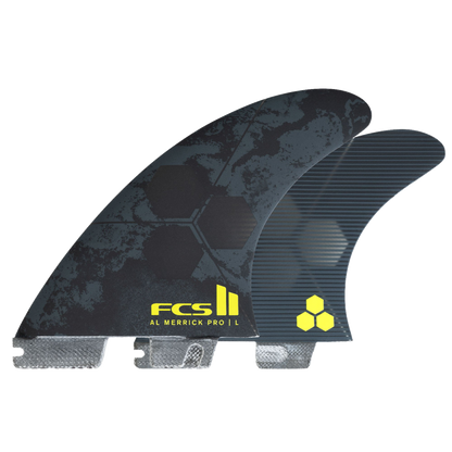 FCS II Al Merrick PG Pro Tri Fin Set - Performance Glass: three Al Merrick PG Pro fins displayed together