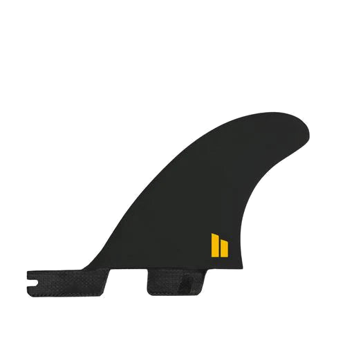 FCS II Otis Carey Twin + Stabiliser Fins - Performance Glass: small black stabiliser with yellow FCS mark