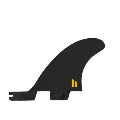 FCS II Otis Carey Twin + Stabiliser Fins - Performance Glass: small black stabiliser with yellow FCS mark