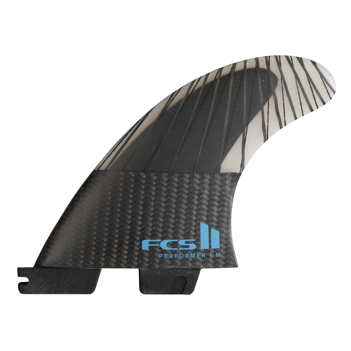 FCS II Performer Tri Fins - PC Carbon + AirCore: carbon fin with Tranquil Blue logo and visible reinforcement pattern