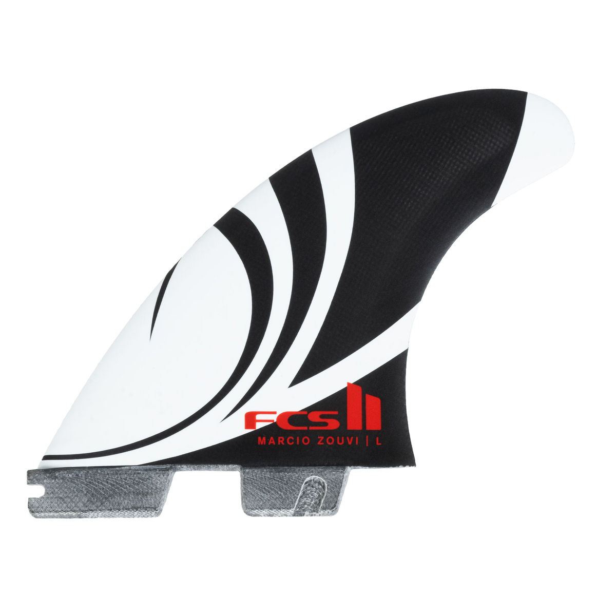 FCS II Sharp Eye Tri Fin Set - PC Carbon + AirCore: black and White Sharp Eye fin with red FCS lettering