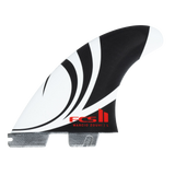 FCS II Sharp Eye Tri Fin Set - PC Carbon + AirCore: black and White Sharp Eye fin with red FCS lettering