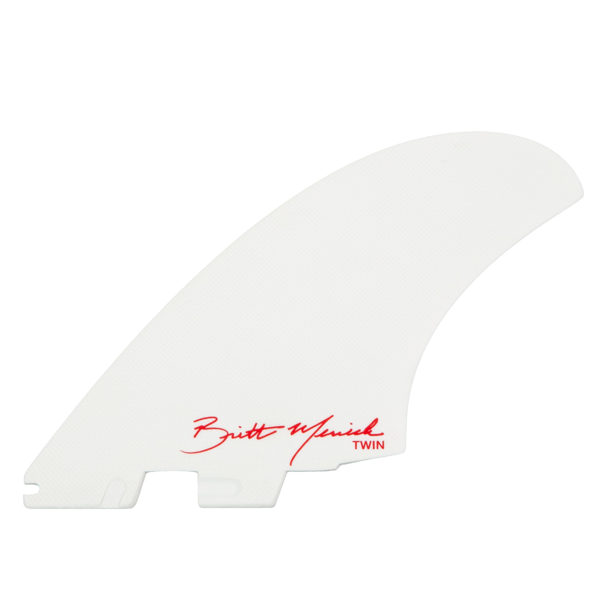 White reverse of the Britt Merrick twin fin with red signature lettering