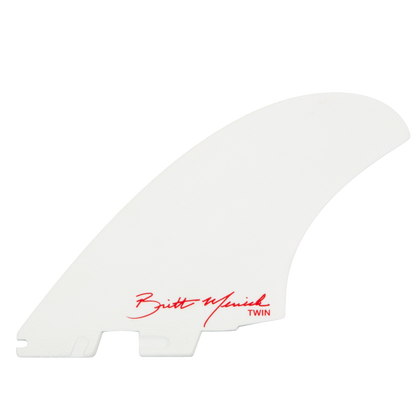 White reverse of the Britt Merrick twin fin with red signature lettering