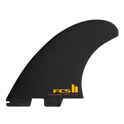 FCS II Otis Carey Twin + Stabiliser Fins - Performance Glass: reverse black twin face with yellow FCS lettering