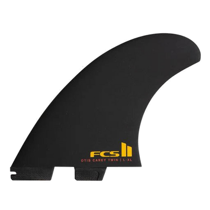 FCS II Otis Carey Twin + Stabiliser Fins - Performance Glass: reverse black twin face with yellow FCS lettering