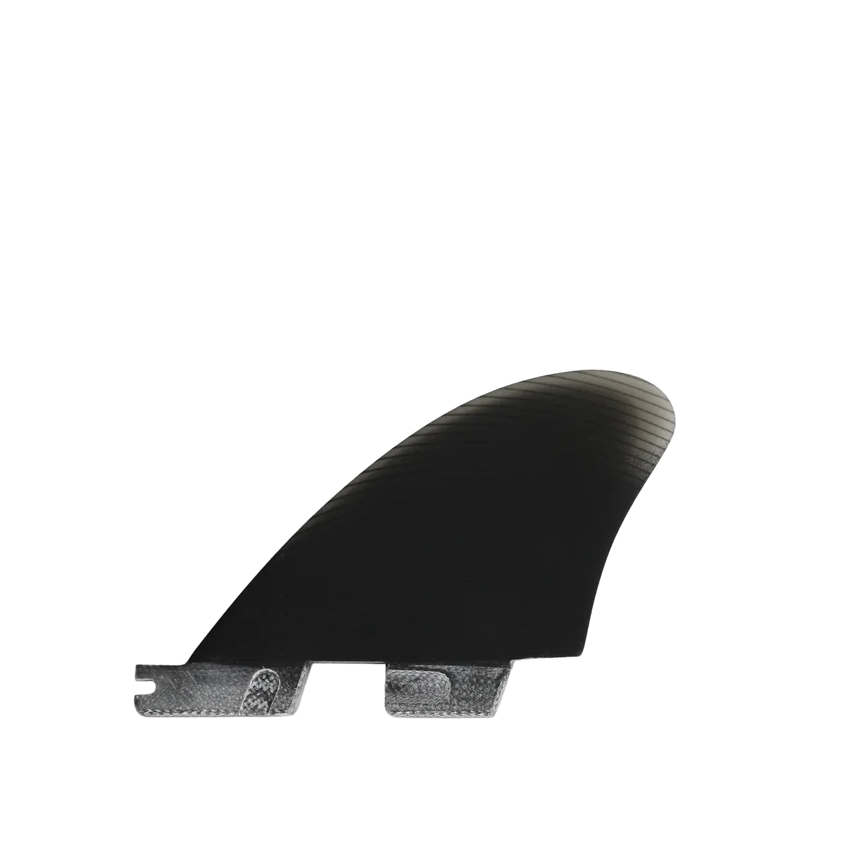 FCS II Performer Split Keel Quad Fins - Performance Glass: reverse black side fin with blue circular mark