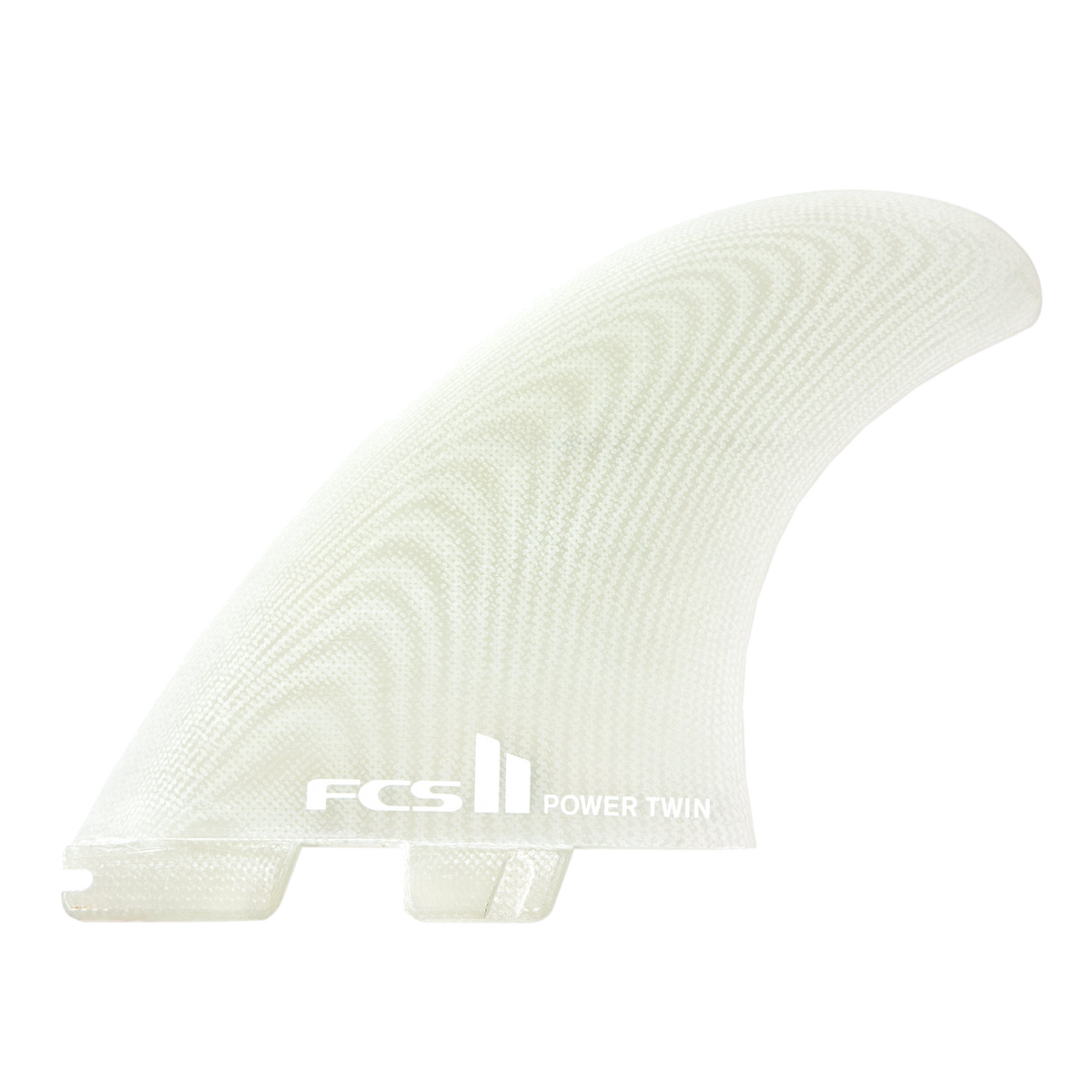 FCS II Power Twin Fin Set - Performance Glass: clear Power Twin fin with white FCS lettering