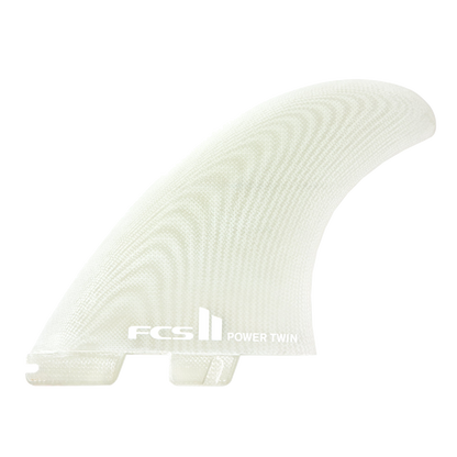 FCS II Power Twin Fin Set - Performance Glass: clear Power Twin fin with white FCS lettering