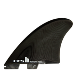 Black FCS II Modern Keel side fin with visible glass fibre layers
