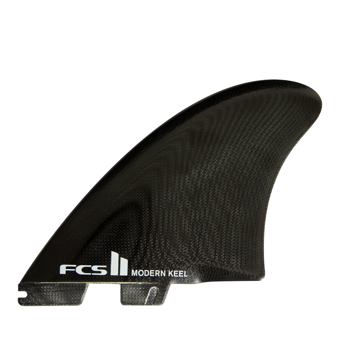 Black FCS II Modern Keel side fin with visible glass fibre layers
