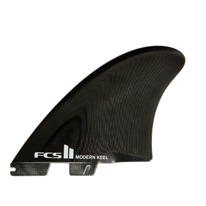 Black FCS II Modern Keel side fin with visible glass fibre layers