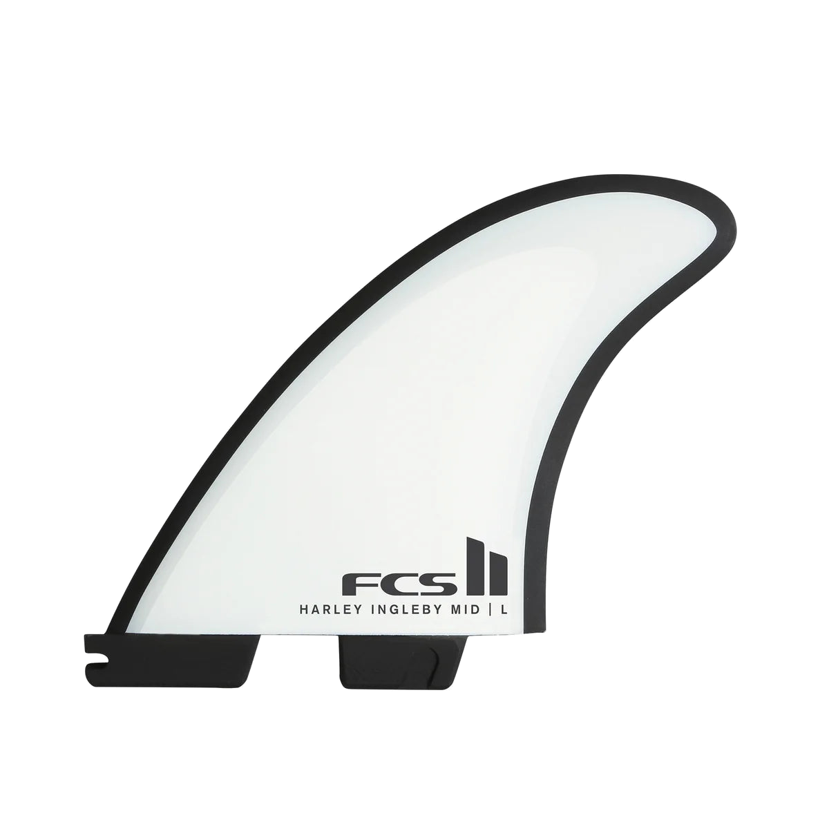 FCS II Harley Mid Tri-Quad Fin Set - Performance Core + AirCore: reverse white fin with Harley Ingleby lettering