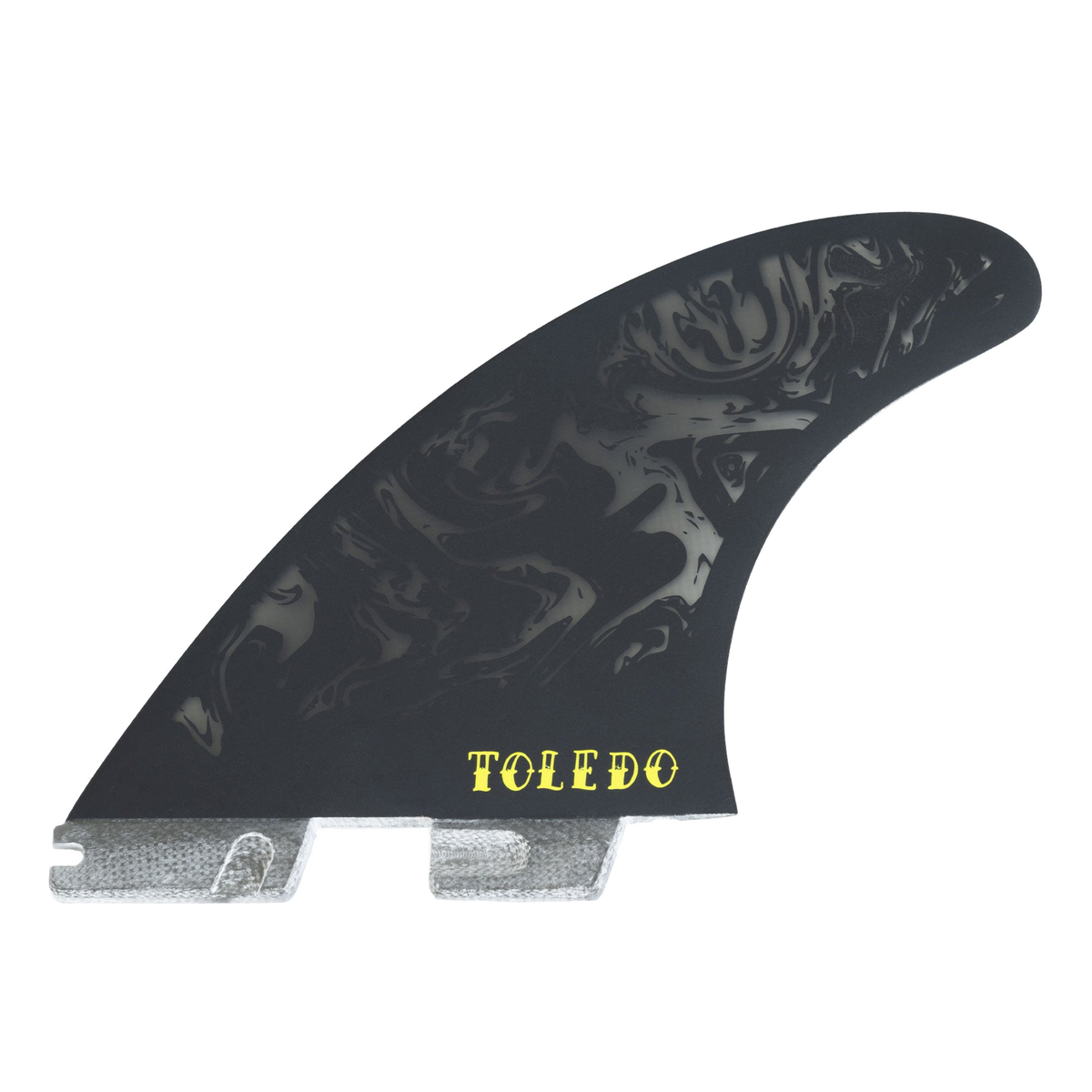 FCS II Filipe Toledo PG Pro Tri Fin Set - Performance Glass: reverse artwork face showing Toledo lettering