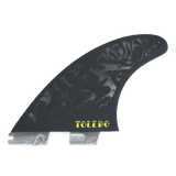 FCS II Filipe Toledo PG Pro Tri Fin Set - Performance Glass: reverse artwork face showing Toledo lettering