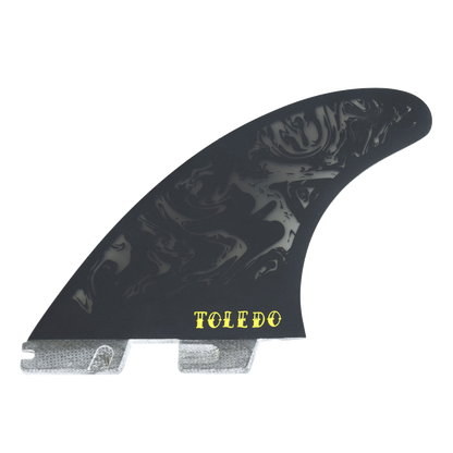 FCS II Filipe Toledo PG Pro Tri Fin Set - Performance Glass: reverse artwork face showing Toledo lettering