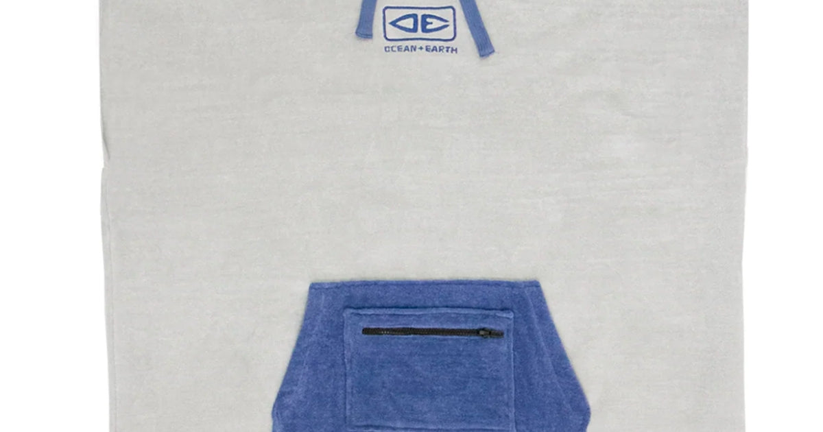 Ocean & Earth Day Break Hooded Poncho: Light Grey Day Break poncho pocket and chest detail