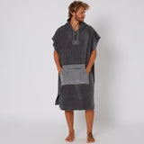 Ocean & Earth Day Break Hooded Poncho: Charcoal Day Break poncho worn, front view