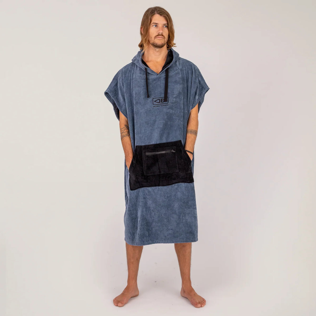 Ocean & Earth Day Break Hooded Poncho: Steel Blue Day Break poncho worn, front view