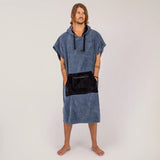 Ocean & Earth Day Break Hooded Poncho: Steel Blue Day Break poncho worn, front view