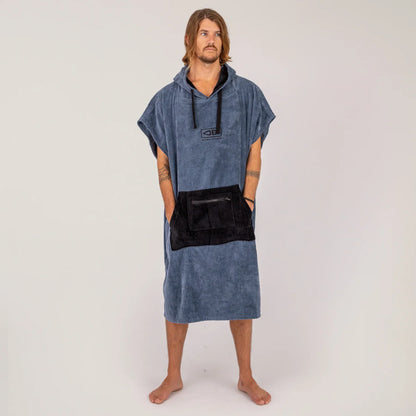 Ocean & Earth Day Break Hooded Poncho: Steel Blue Day Break poncho worn, front view