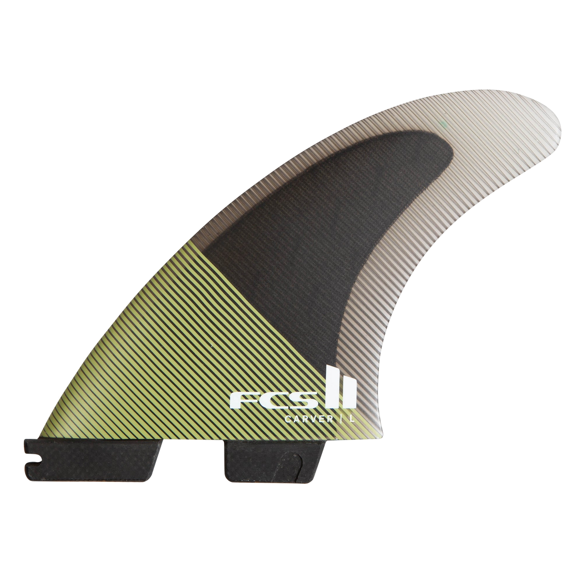 FCS II Carver Tri Fins - Performance Core: eucalyptus side fin with olive base and translucent swept tip