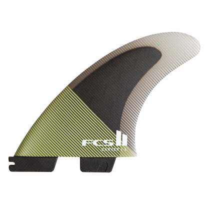 FCS II Carver Tri Fins - Performance Core: eucalyptus side fin with olive base and translucent swept tip