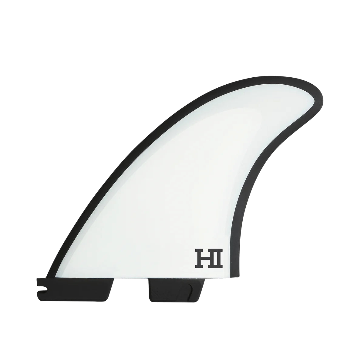 FCS II Harley Mid Tri-Quad Fin Set - Performance Core + AirCore: white Harley Mid side fin with a black outline and HI logo