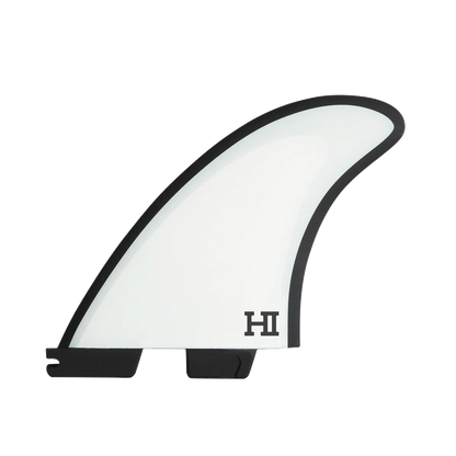 FCS II Harley Mid Tri-Quad Fin Set - Performance Core + AirCore: white Harley Mid side fin with a black outline and HI logo