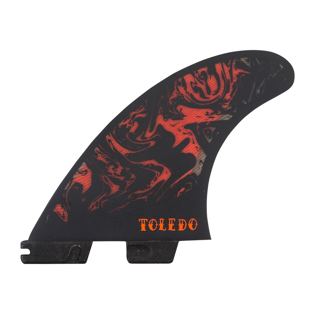 Reverse side of the black and red Filipe Toledo fin with Toledo lettering