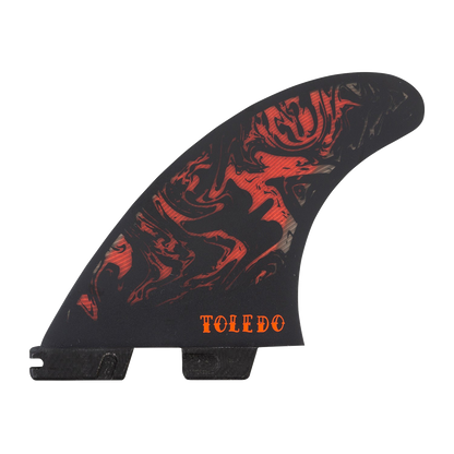 Reverse side of the black and red Filipe Toledo fin with Toledo lettering