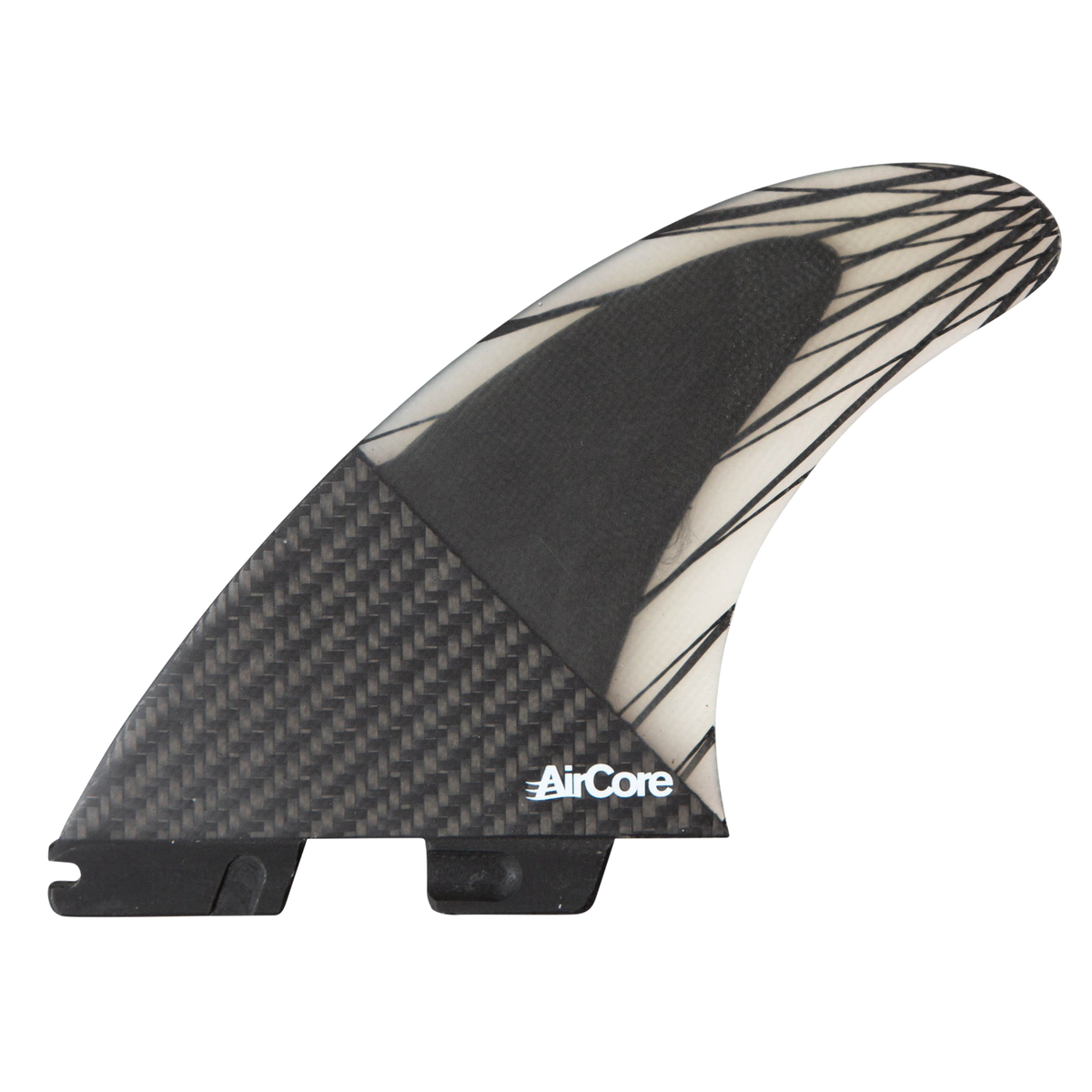 FCS II Carver Tri Fins - PC Carbon + AirCore: reverse face of the carbon Carver fin with white AirCore lettering