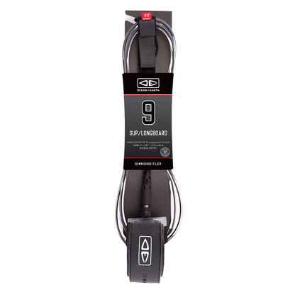 Ocean & Earth Regular SUP/Longboard Leash – 9 ft: Black SUP longboard leash in retail packaging, full view
