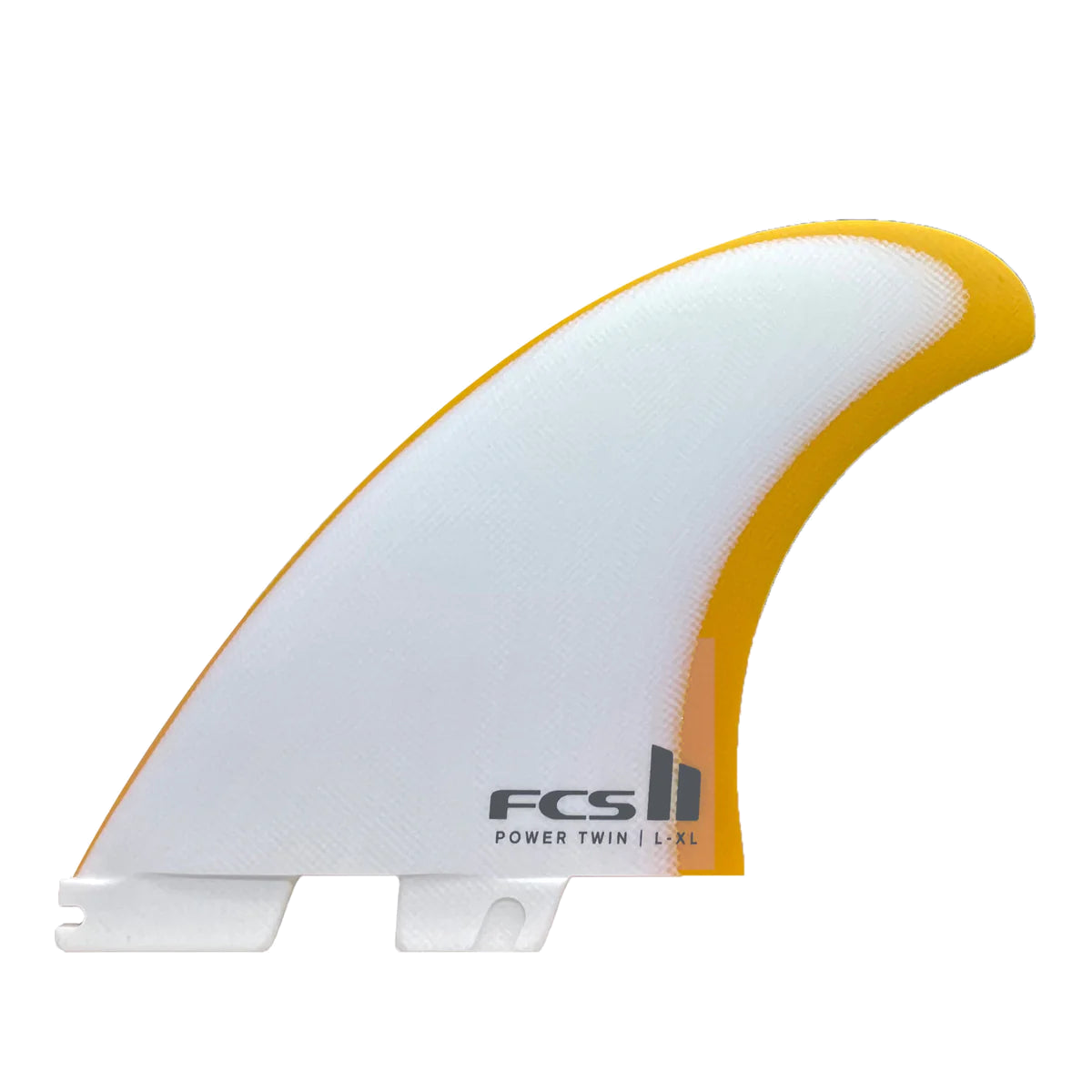 FCS II Power Twin + Stabiliser Fins - Performance Glass: mango Power Twin side fin with pale centre and yellow outline