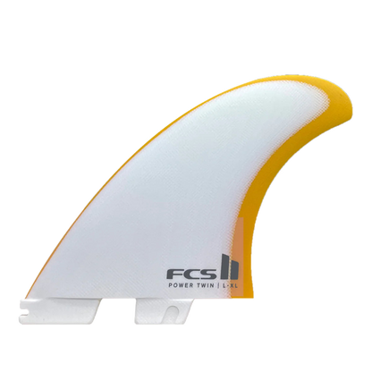 FCS II Power Twin + Stabiliser Fins - Performance Glass: mango Power Twin side fin with pale centre and yellow outline