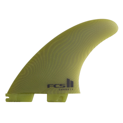 FCS II Carver Tri Fins - Eco Neo Glass: eucalyptus green fin with dark Carver lettering