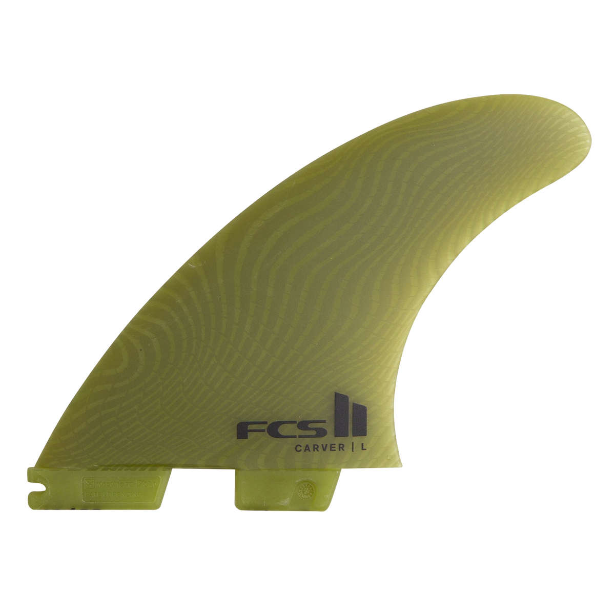 FCS II Carver Tri-Quad Fins - Eco Neo Glass: eucalyptus side fin with the Carver logo