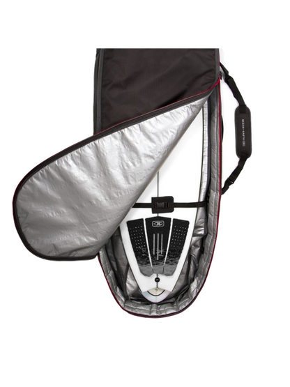 Ocean & Earth Triple Compact Shortboard Cover: opened cover showing lining and divider