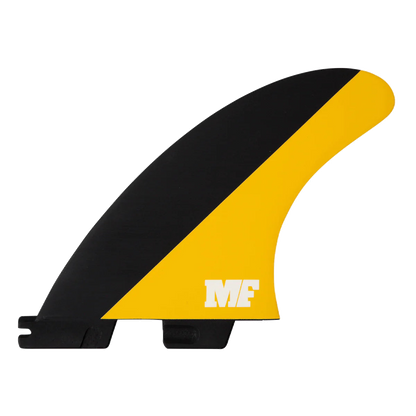 FCS II Mick Fanning Tri Fins - Performance Core: reverse Black and Mango face showing the MF initials