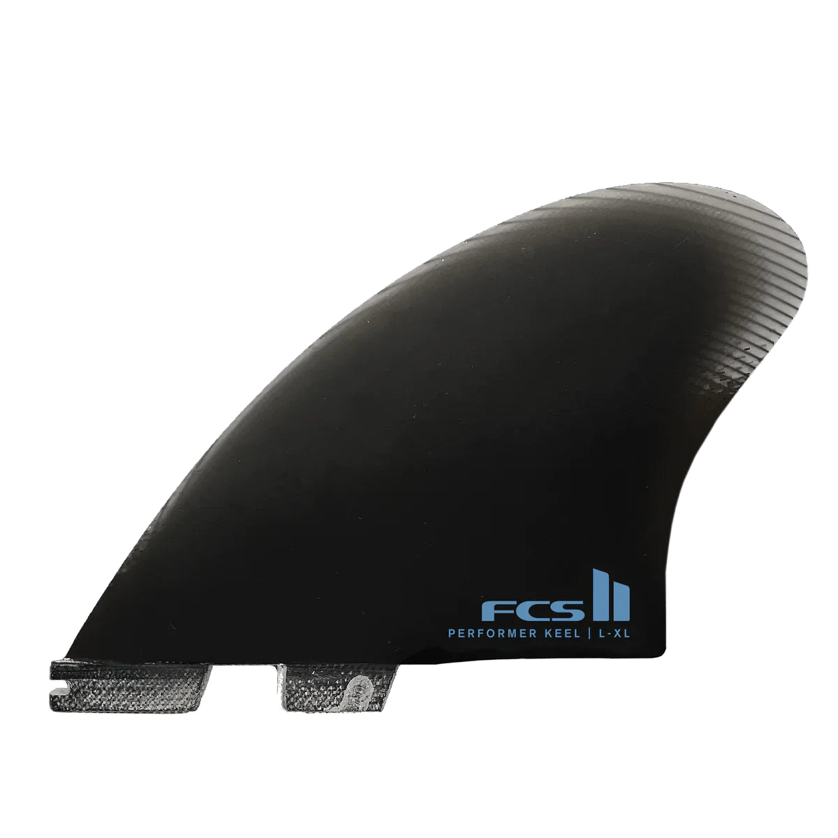 FCS II Performer Keel Twin Fins - Performance Glass: black Performer keel fin with blue FCS lettering