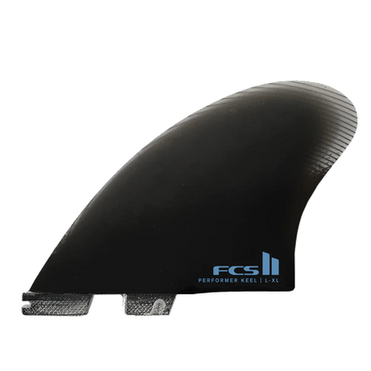 FCS II Performer Keel Twin Fins - Performance Glass: black Performer keel fin with blue FCS lettering