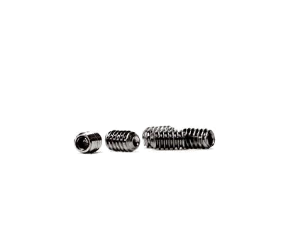 Close view of three stainless steel grub screws from the FCS screw pack