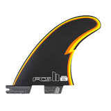 FCS II Gerry Lopez Tri-Quad Fins - Performance Core: black GL side fin with yellow and red outline
